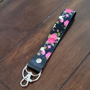No Boundaries Black Wristlet Key & Card Holder with Pink Floral Print